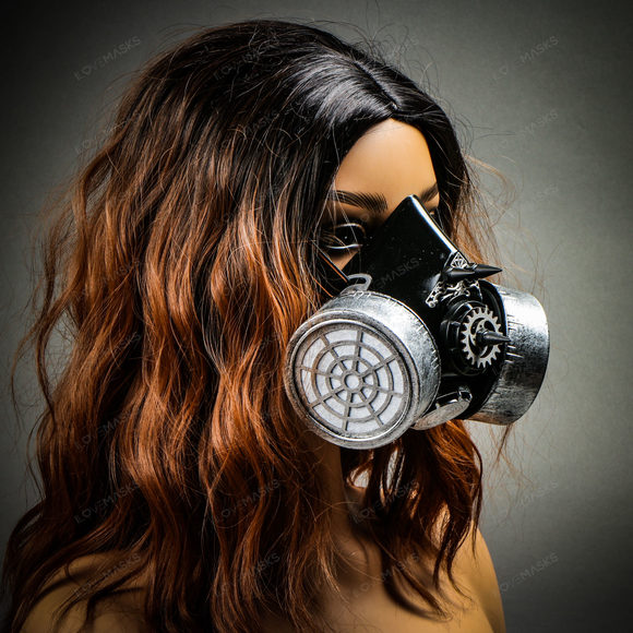 Half Face Steampunk Costume Mask - Black Silver - Picture 9 of 9